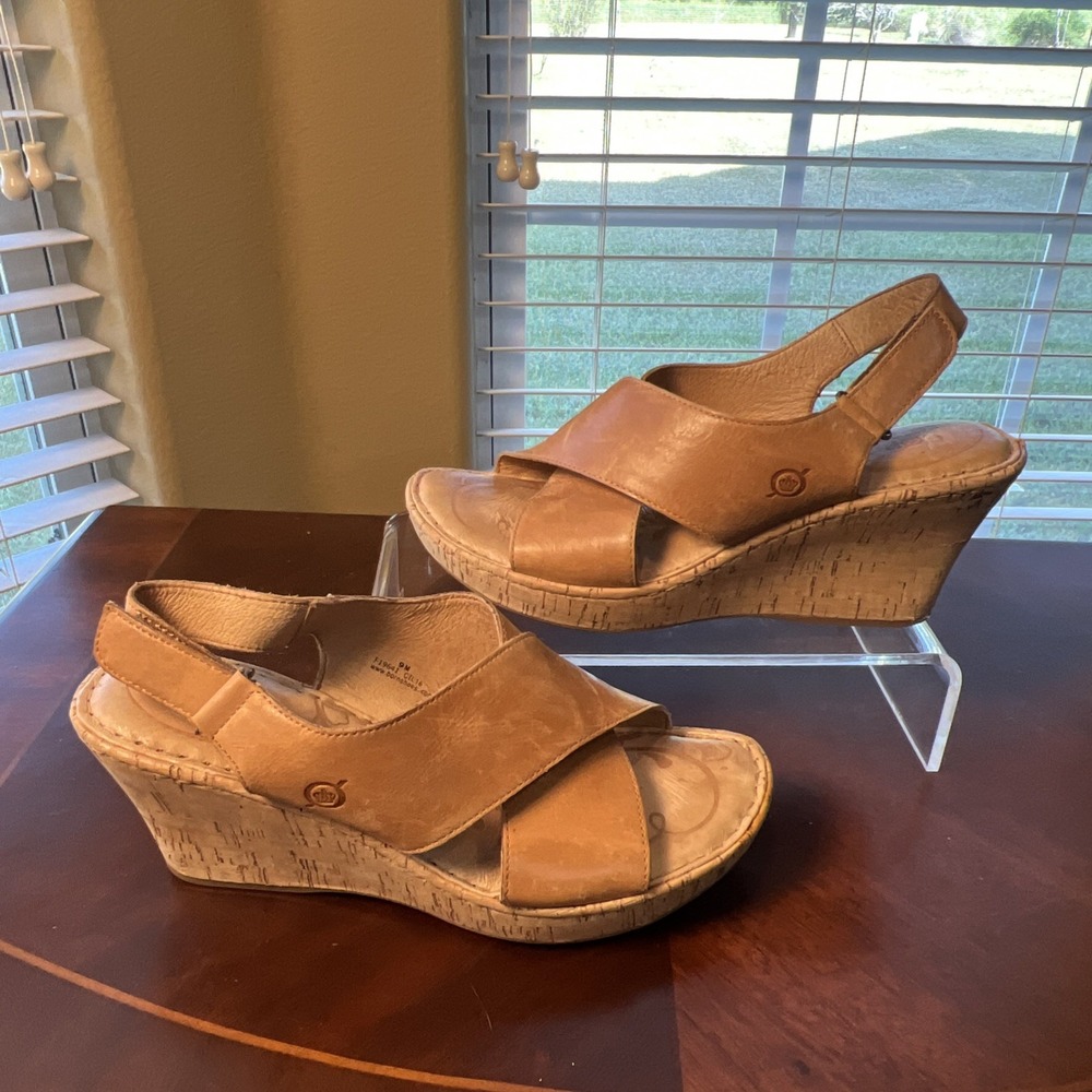 Born Tan Leather Cork Wedge Sandals Women Sz 9 Boho F19641 Comfort High Heel - Picture 5 of 10